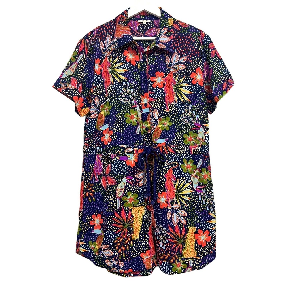 Jodifl Romper Womens Small Navy Jungle Tiger Toucan Print Drawstring‎ Shorts